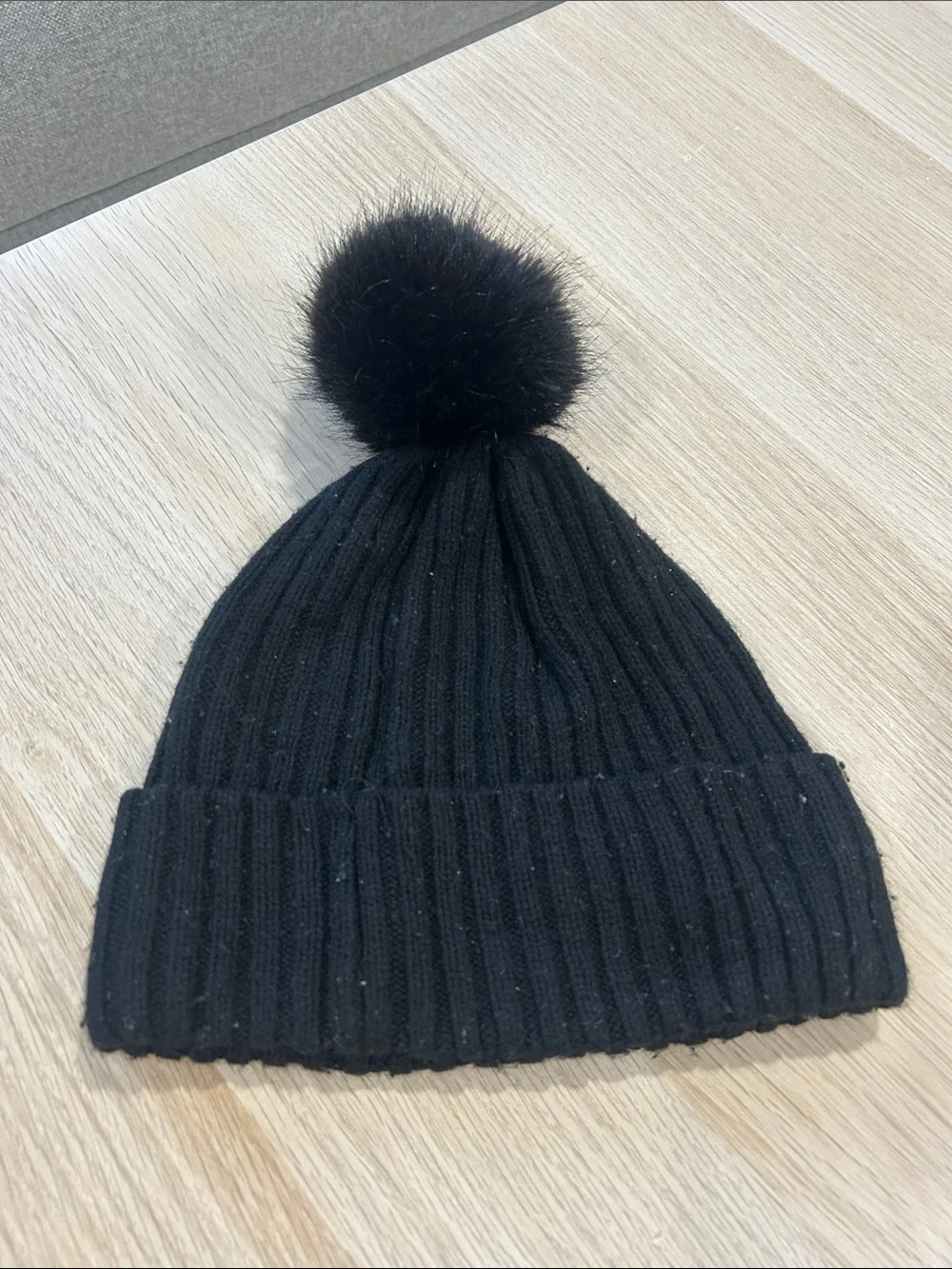 H&M Black Ribbed Knit Beanie with Pom-Pom - Kids